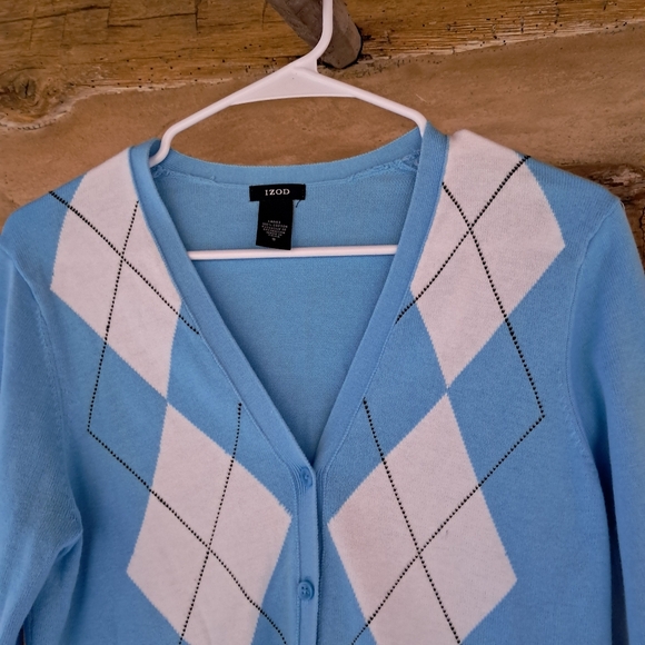 3/$15 Izod Light Blue & Brown Argyle V Neck Cotton Cardigan Size Small - Picture 2 of 7